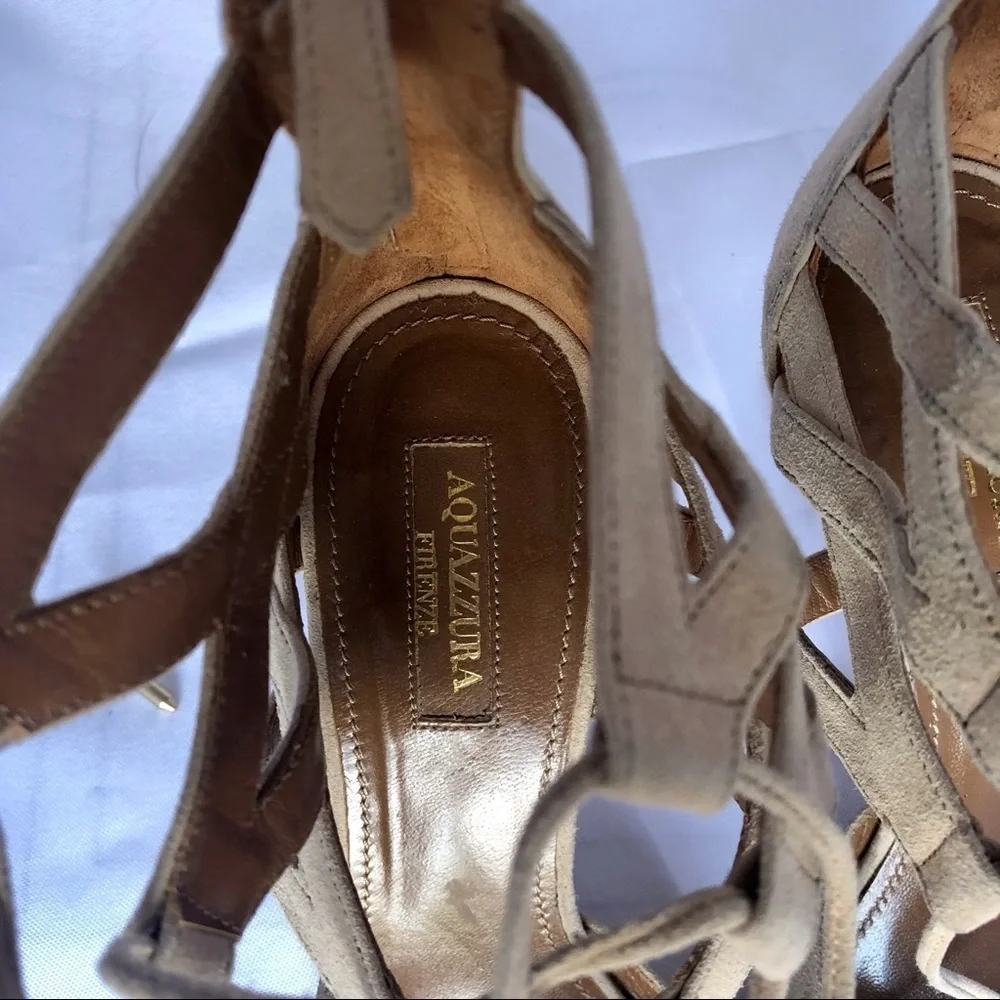 Aquazzura Beige Suede Belgravia Sandals High Heel Size 7.5